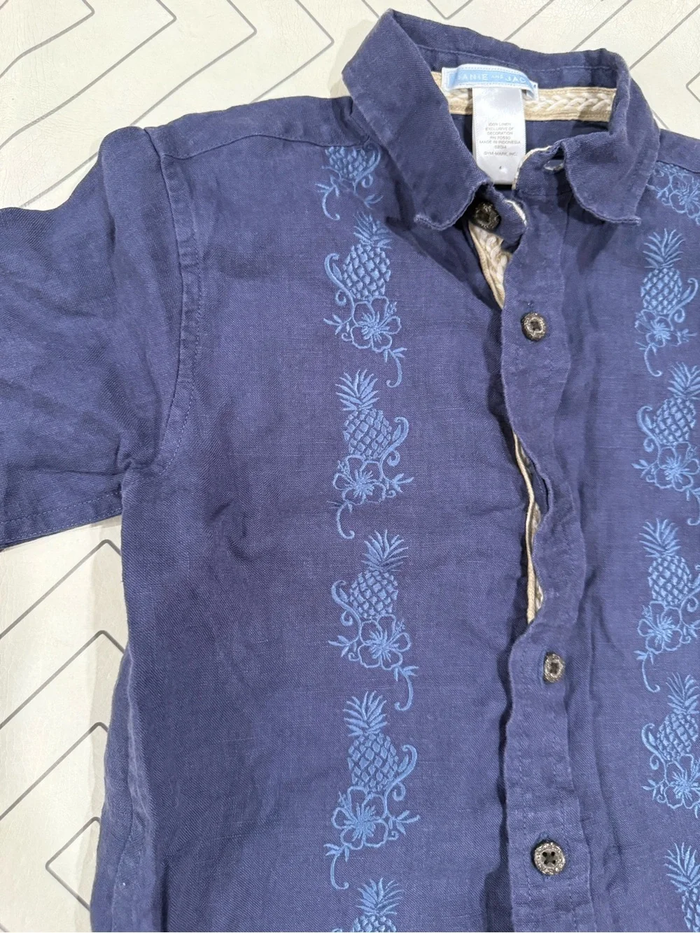 Janie and Jack Blue Short-Sleeve Button-Up Shirt with Hawaiian Embroidery
